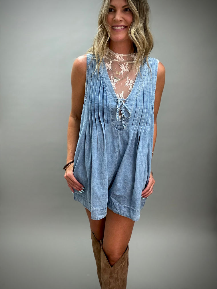 Front Pleated V Neck Sleeveless Denim Romper