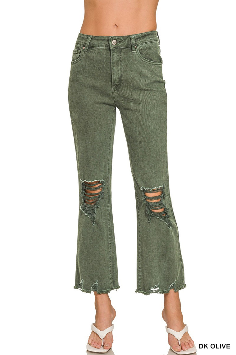 Olive Straight Distressed Crop Jeans