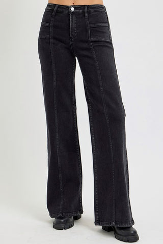 Black Patch Pocket Risen Wide Leg Jeans
