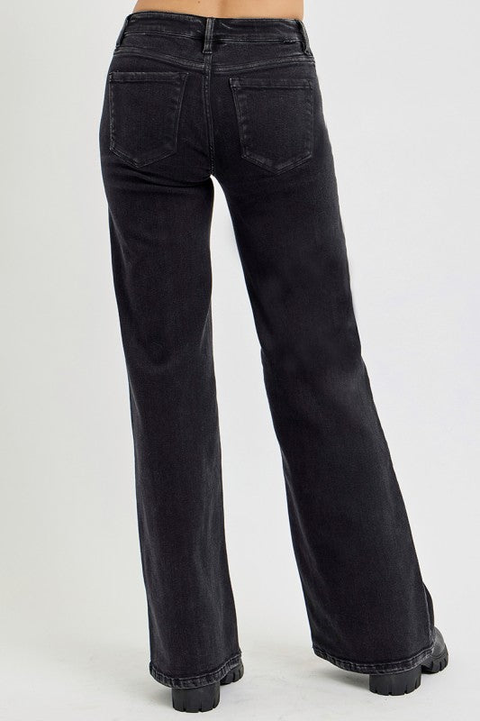 Black Patch Pocket Risen Wide Leg Jeans