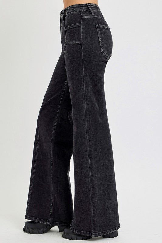 Black Patch Pocket Risen Wide Leg Jeans