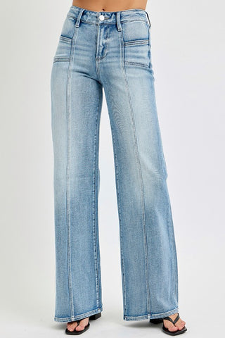 Patch Pocket Risen Wide Leg Jeans