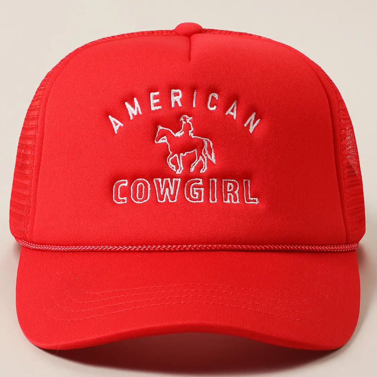 American Cowgirl Embroidery Red Trucker Hat