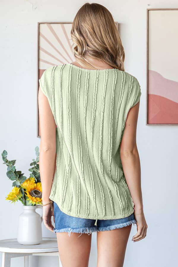Textured Sage Stripe Cap Sleeve Tee