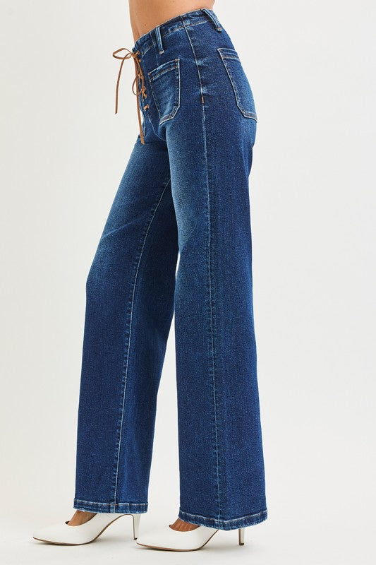 Brittany Tie Up Wide Leg Risen Jeans
