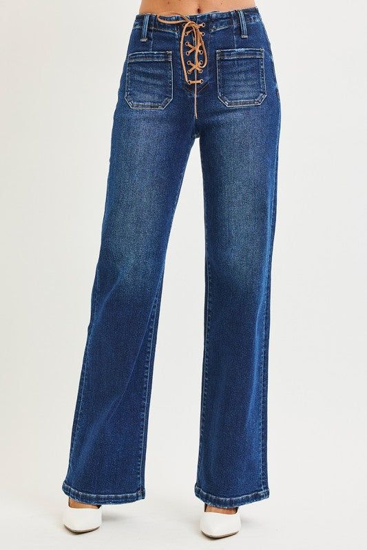 Brittany Tie Up Wide Leg Risen Jeans