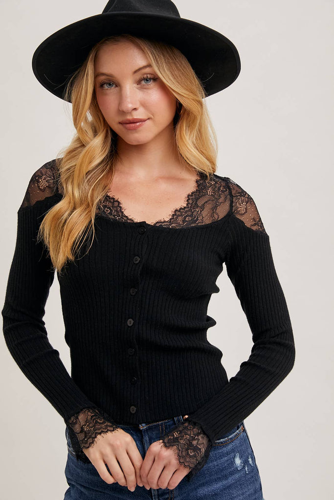 Lace Trimmed Shoulder Sweater Top