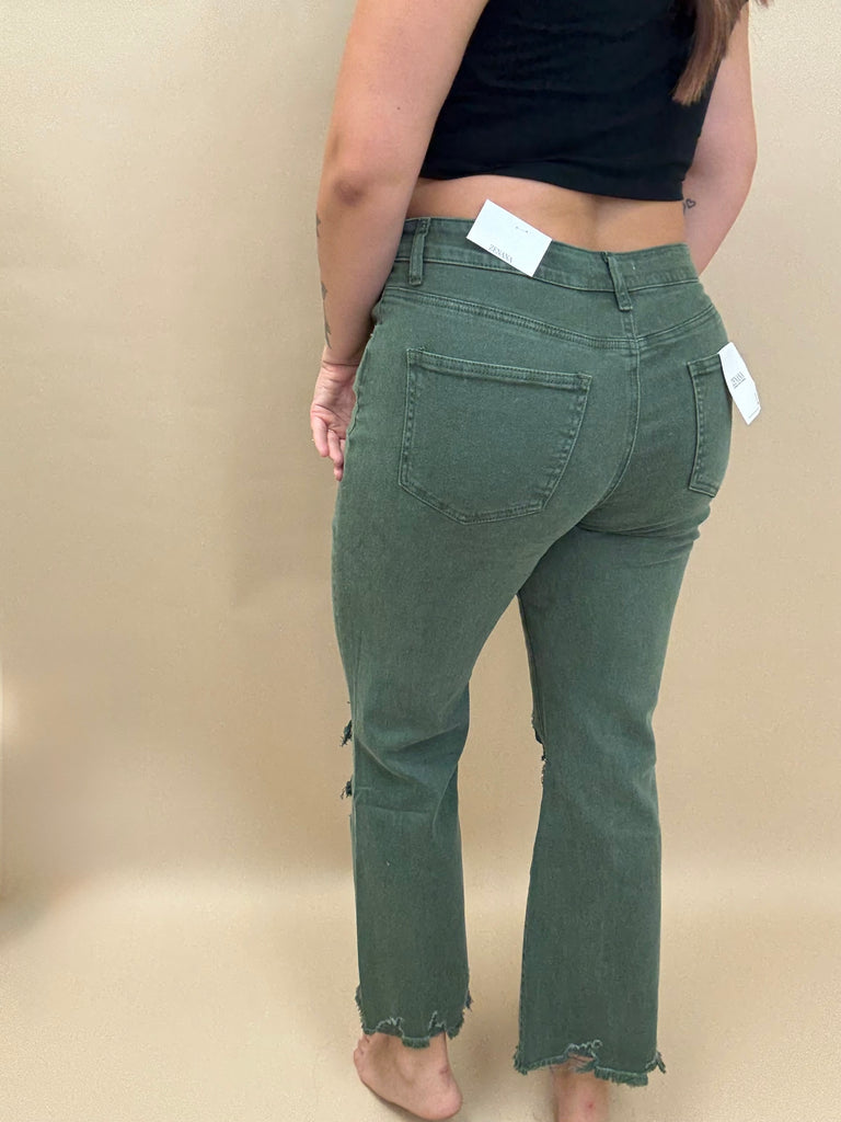 Olive Straight Distressed Crop Jeans