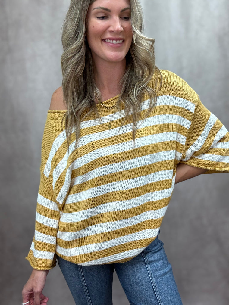 Mustard Stripe Boxy Sweater Top