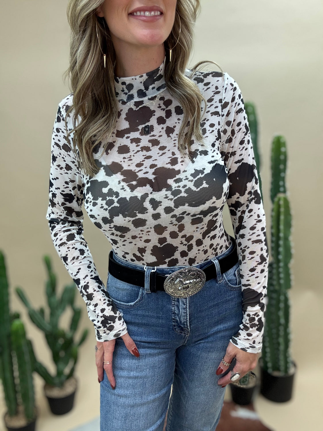 Cow Print Mesh Bodysuit
