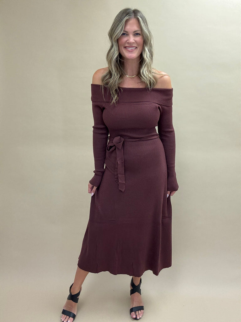 Off The Shoulder Baked Raisin  Sweater Dress