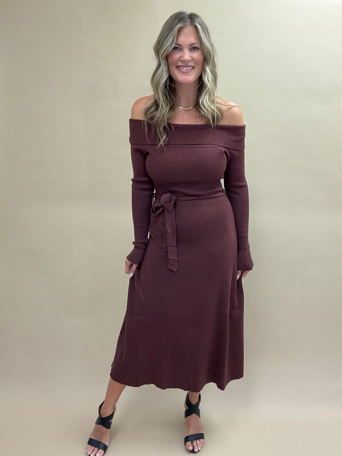 Off The Shoulder Baked Raisin  Sweater Dress