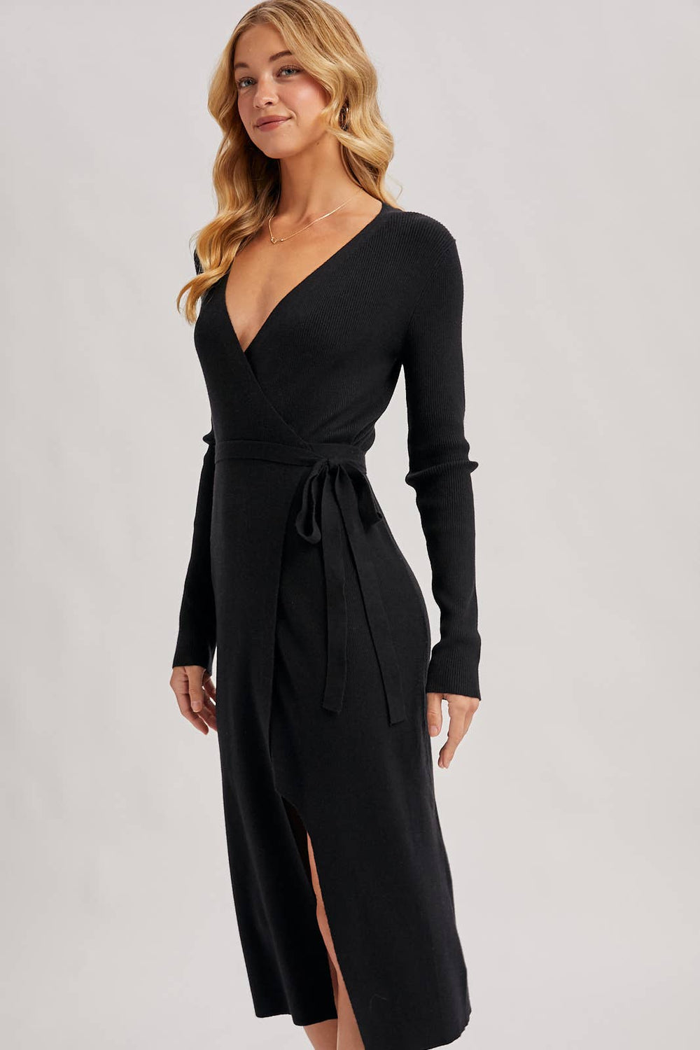 Cozy Black Wrap Sweater Dress