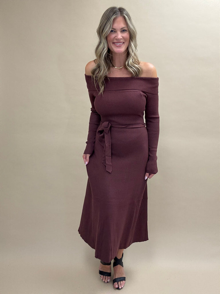 Off The Shoulder Baked Raisin  Sweater Dress