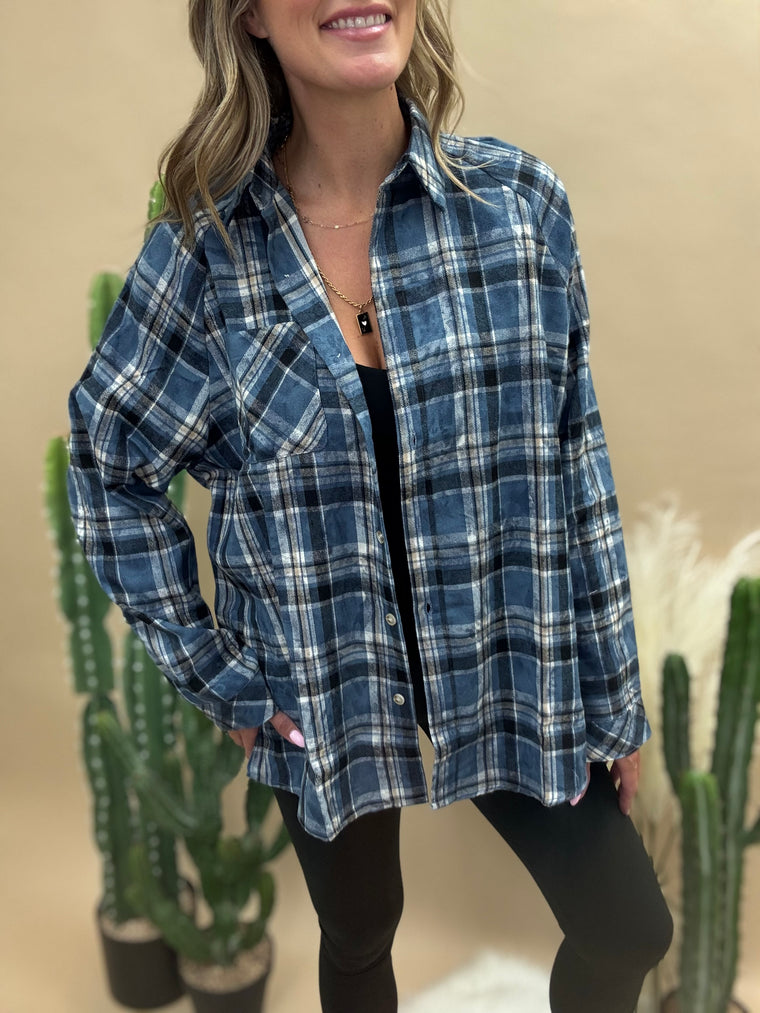 Laura Blue Plaid Washed Flannel Shirt