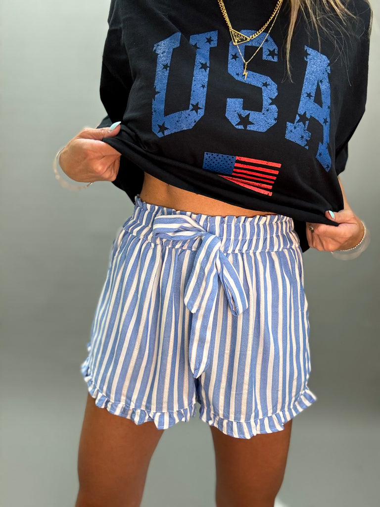 Marina Blue Stripe Ruffle Short