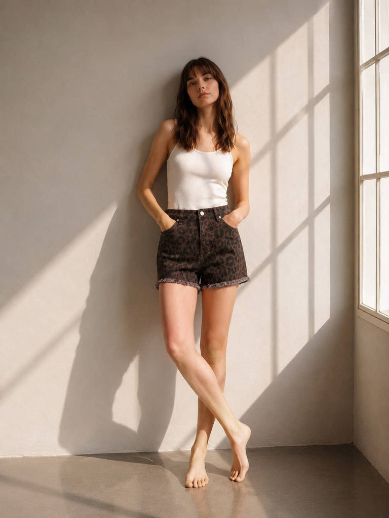 Chocolate Leopard Denim Shorts