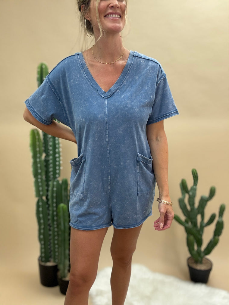 Dusty Blue Mineral Washed T-Shirt Romper