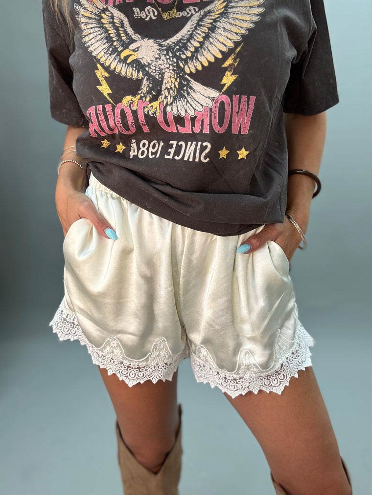 Lace Trimmed Satin Shorts Ivory