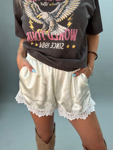 Lace Trimmed Satin Shorts Ivory