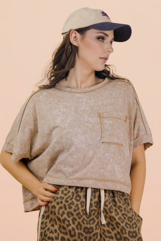 Mineral Washed Taupe Crop Tee