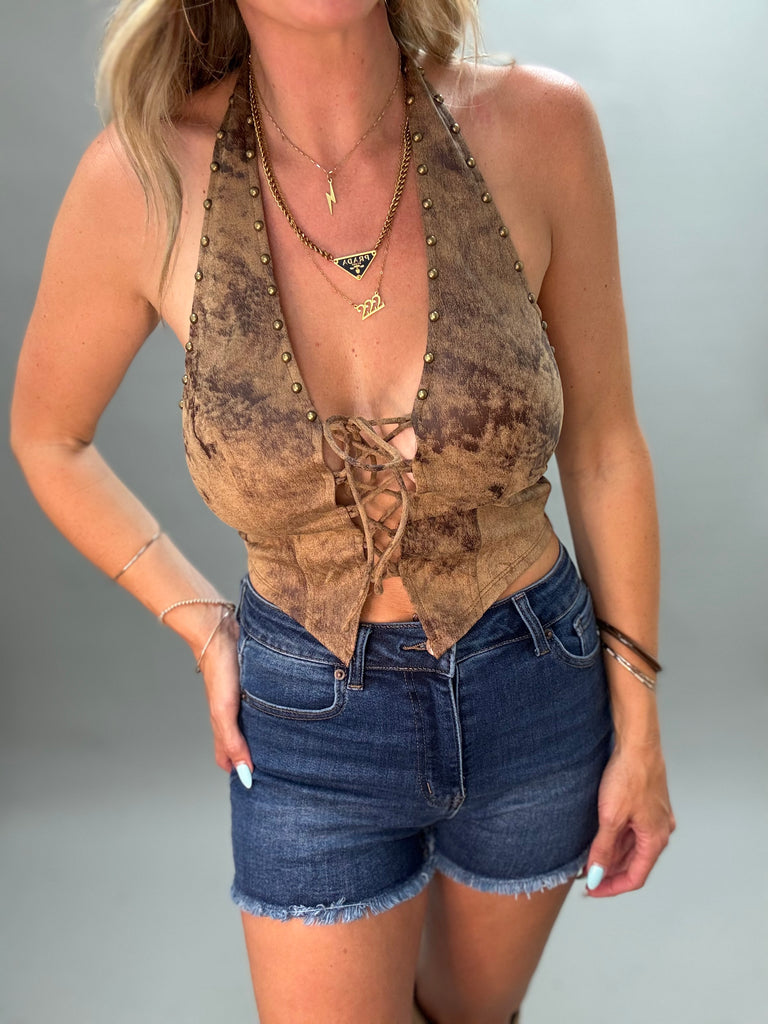 Suede Studded Lace Front Top