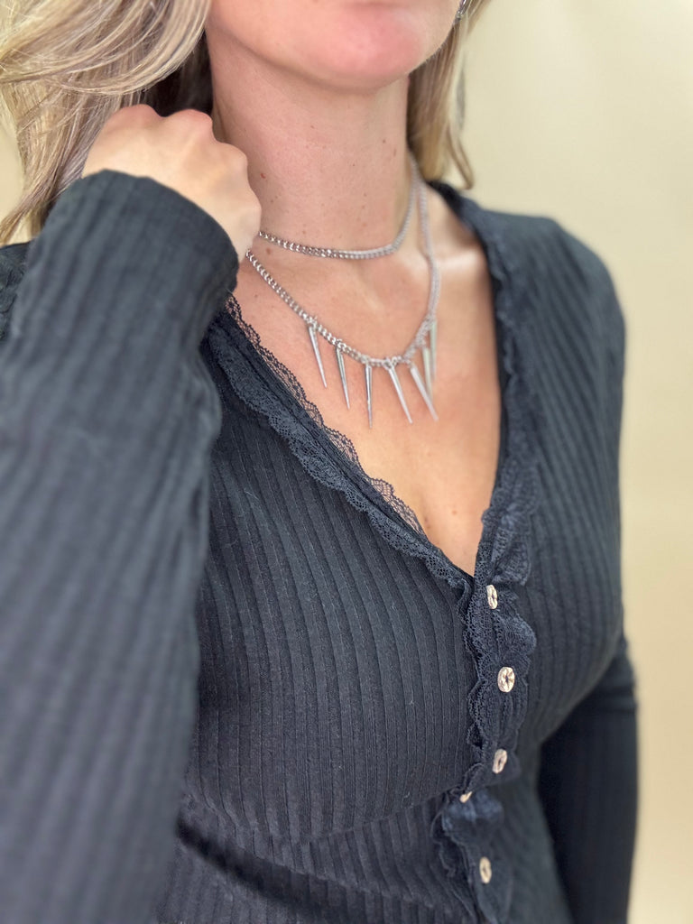 Lace Trim Button Knit Top