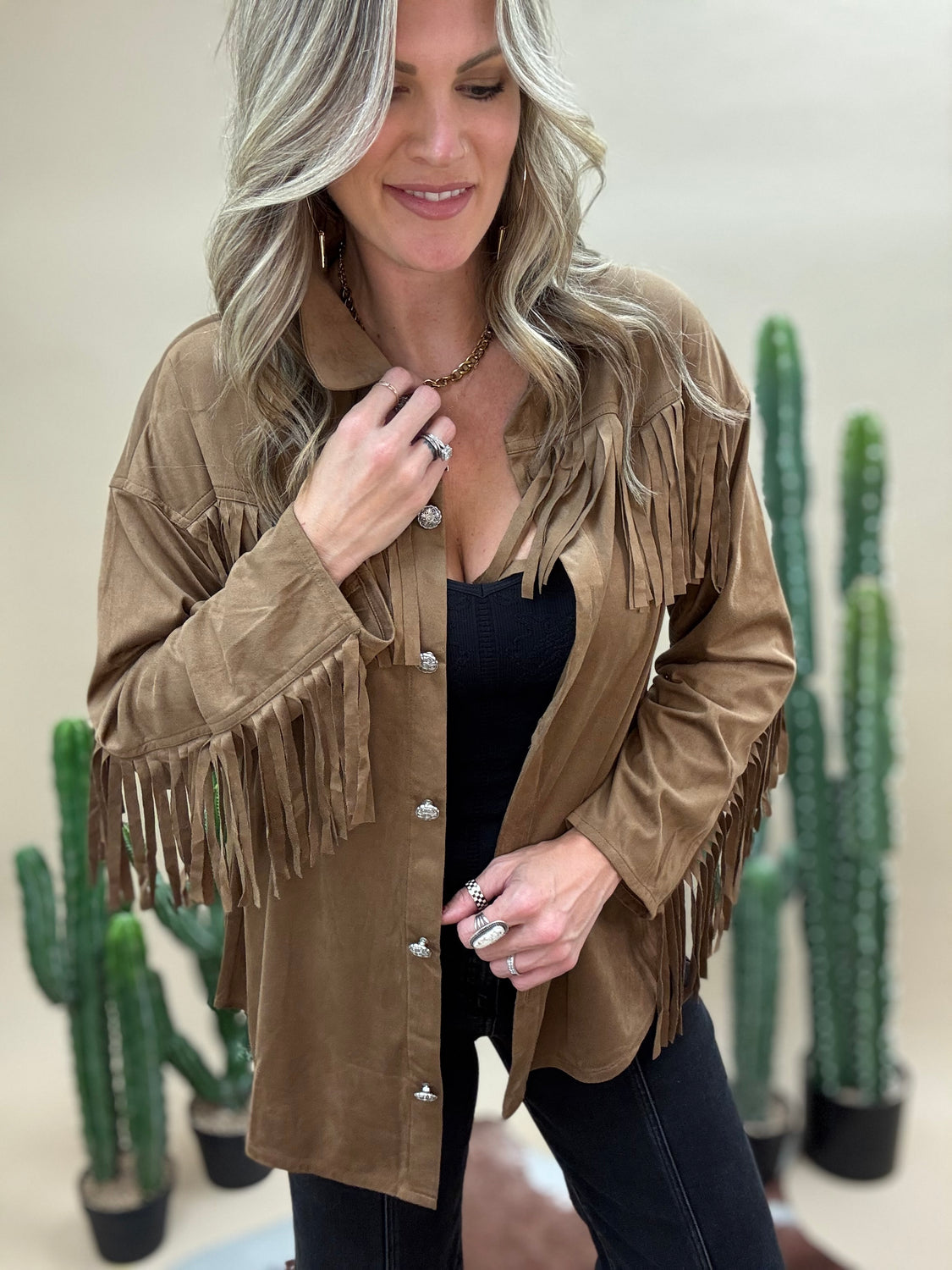 Sueded Fringe Button Down