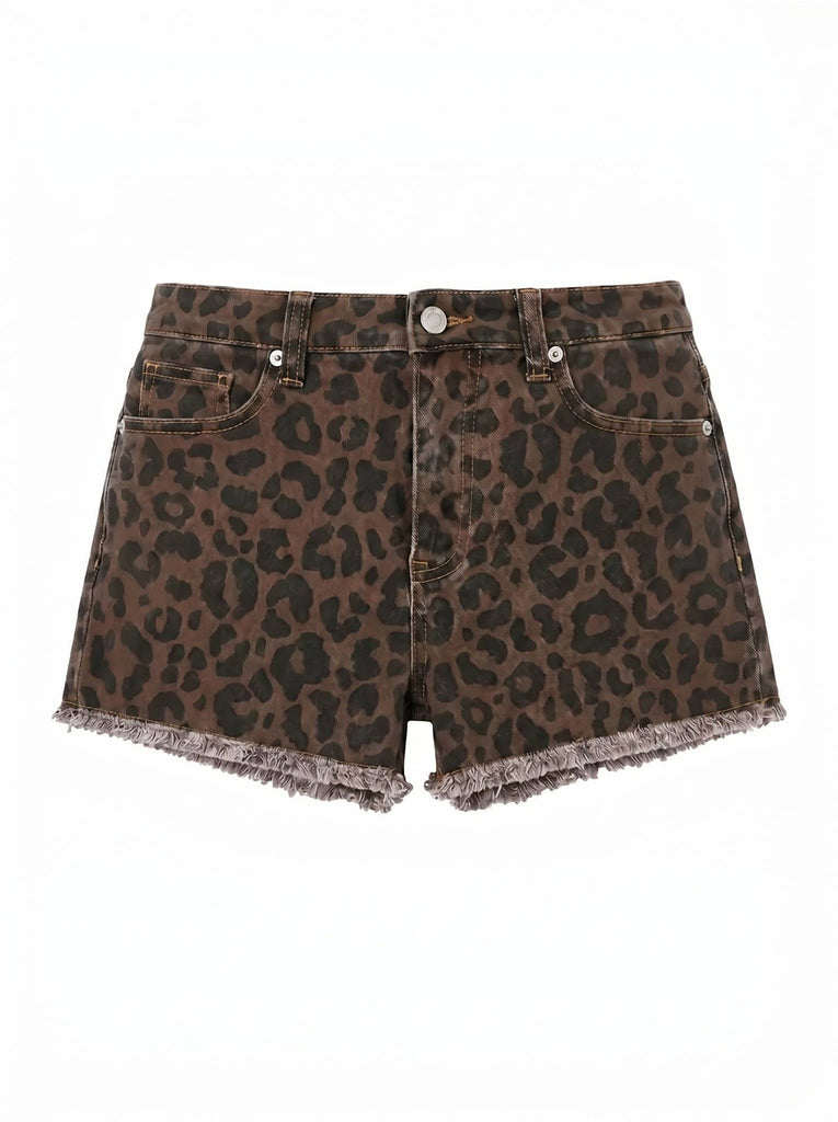 Chocolate Leopard Denim Shorts