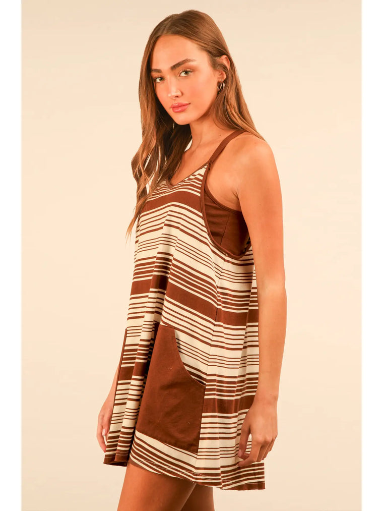 Chocolate Cream Stripe Tank Dress With Shorts