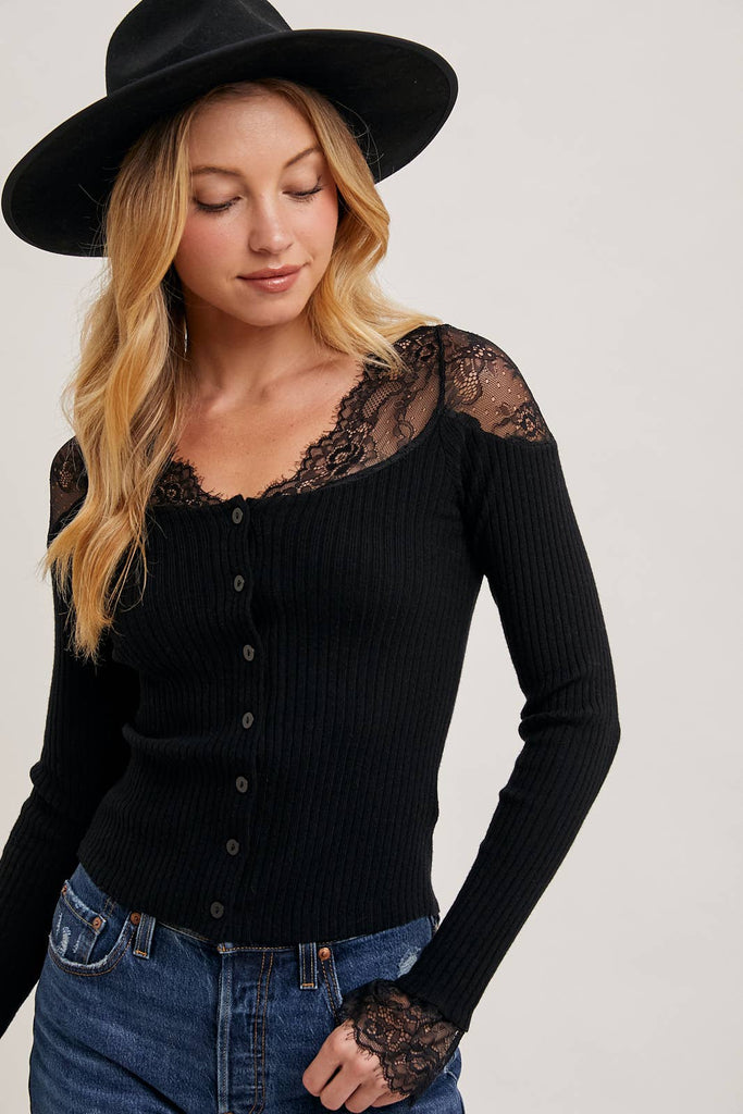 Lace Trimmed Shoulder Sweater Top