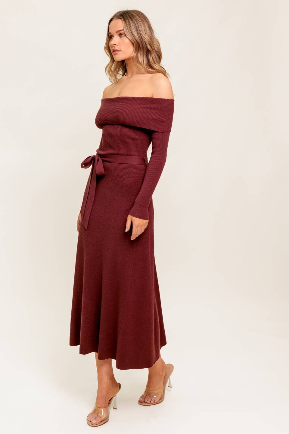 Off The Shoulder Baked Raisin  Sweater Dress