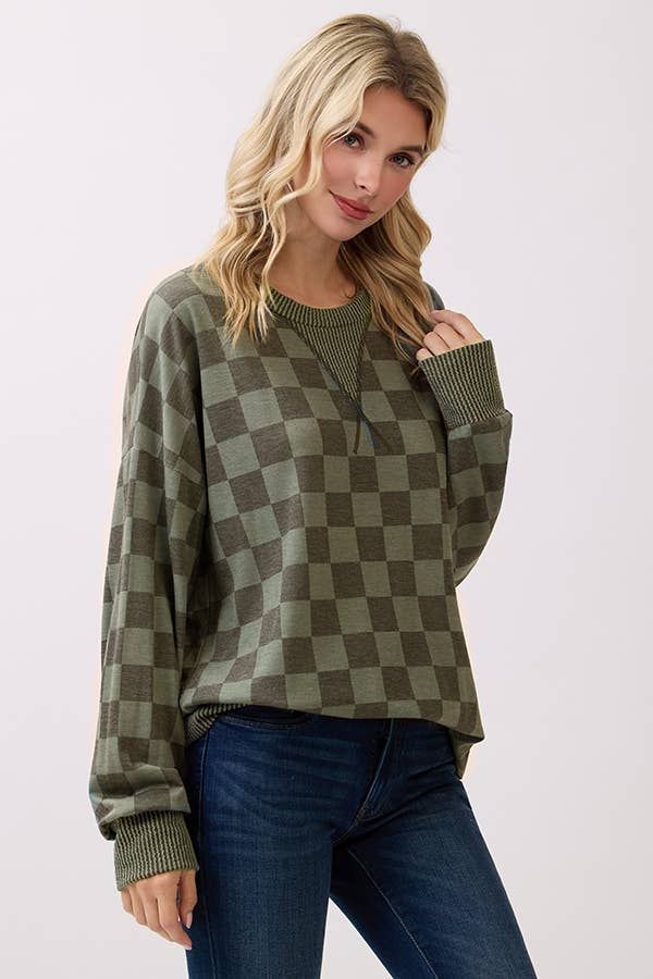 Checker Drop Shoulder Pullover