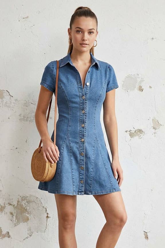 Button-Down Stretch Denim Mini Dress