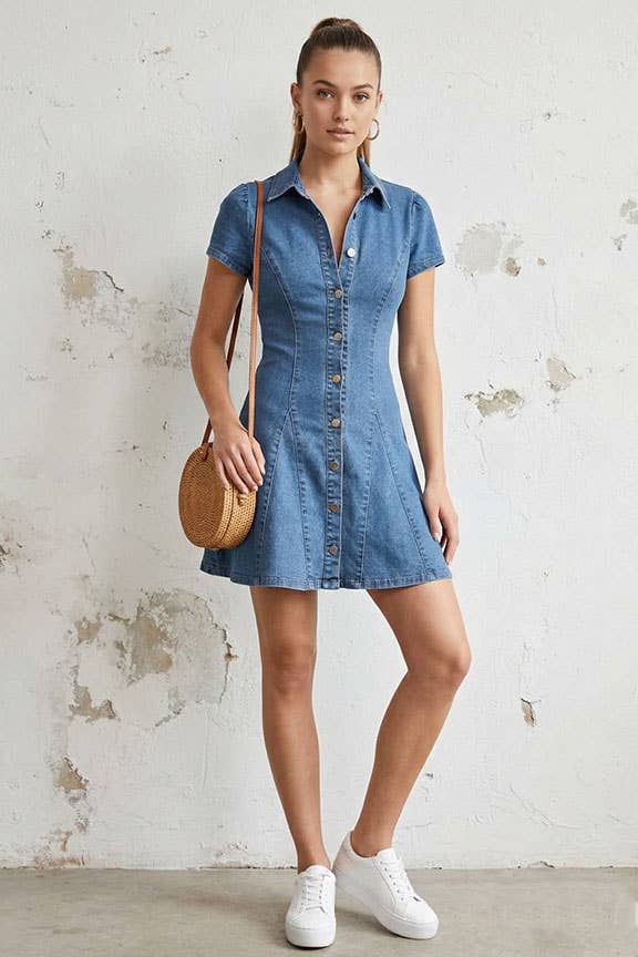 Button-Down Stretch Denim Mini Dress