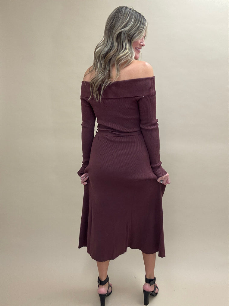 Off The Shoulder Baked Raisin  Sweater Dress