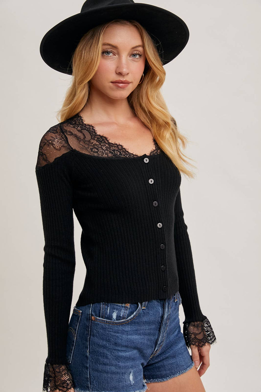 Lace Trimmed Shoulder Sweater Top