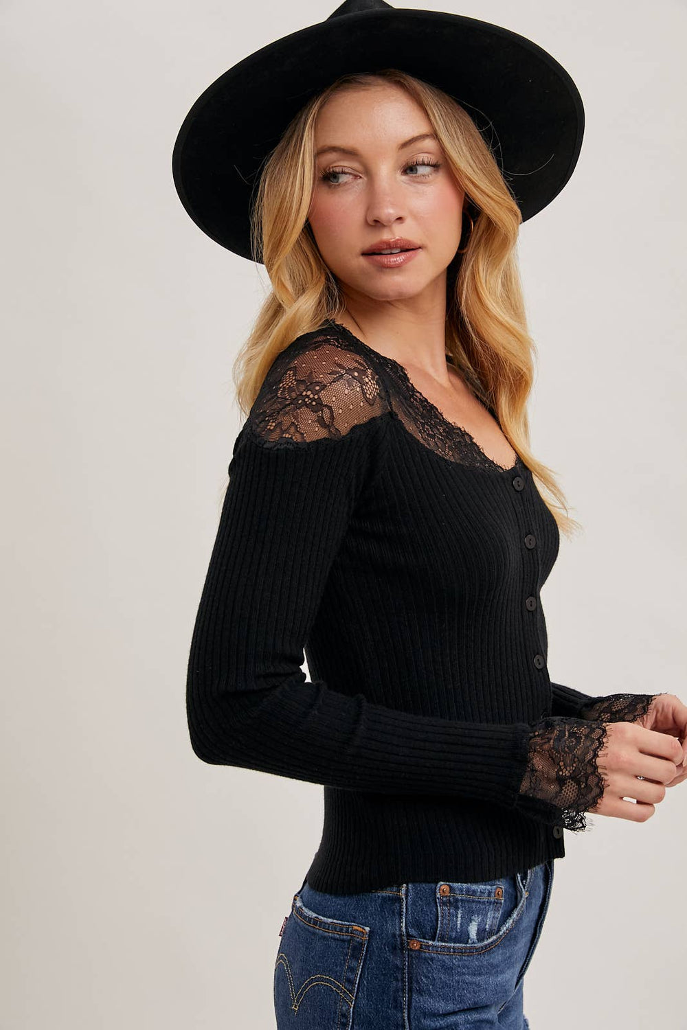Lace Trimmed Shoulder Sweater Top