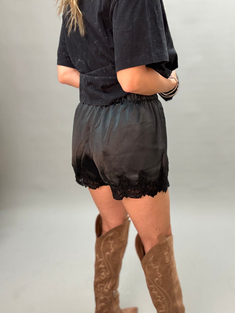 Lace Trimmed Satin Shorts Black