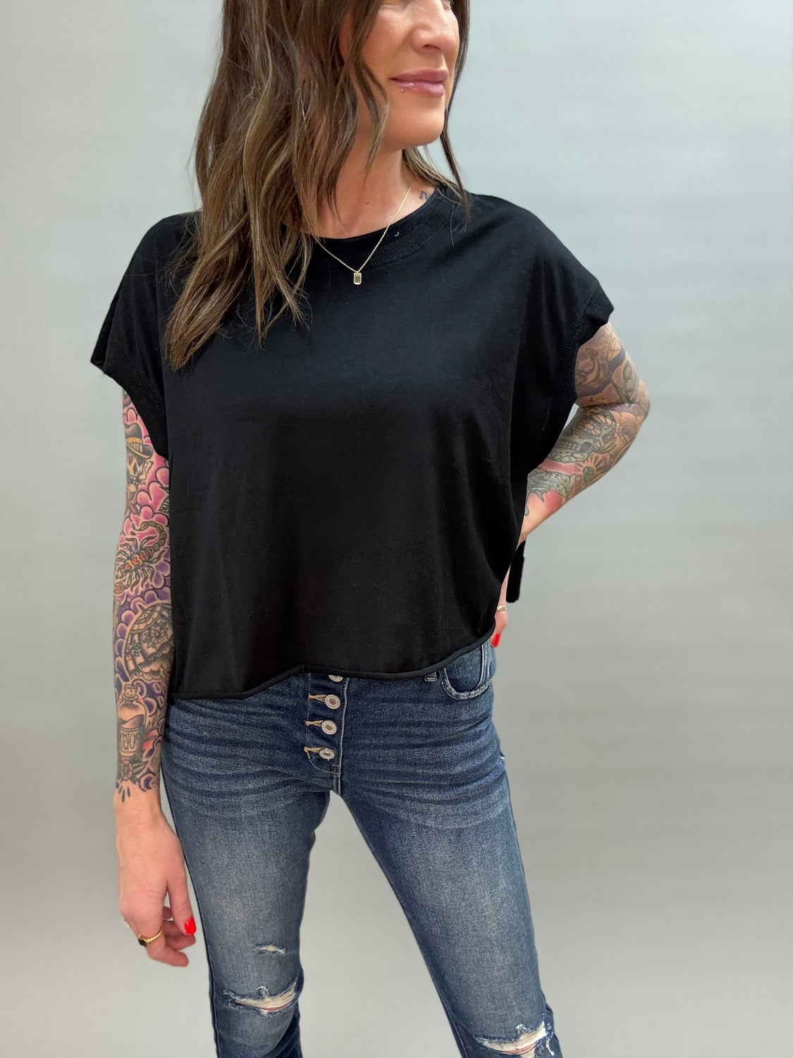 Cross Over Black Open Back Crop Tee