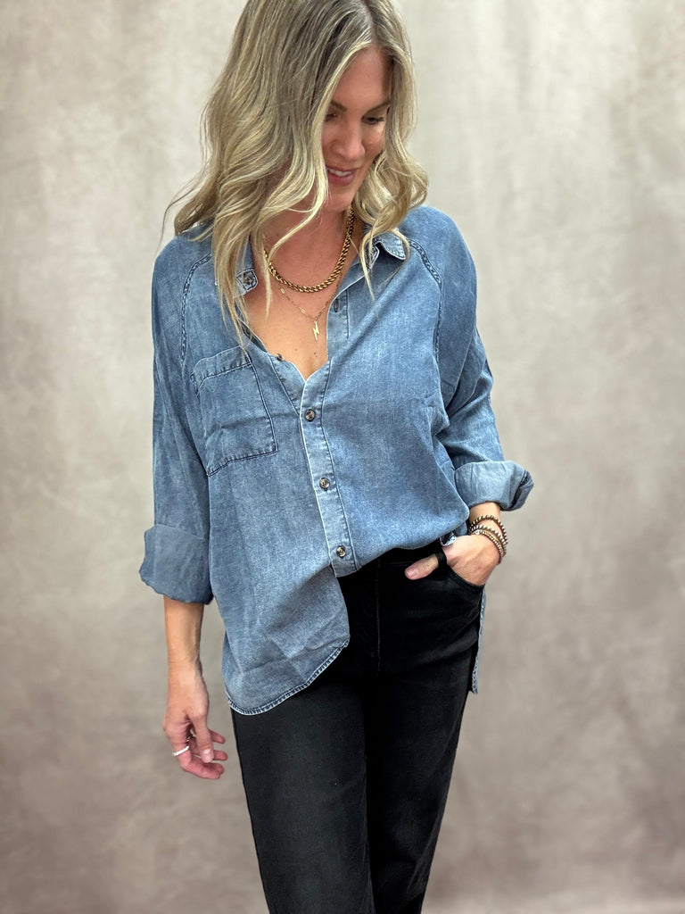 Tencel Medium Denim Button Down Top