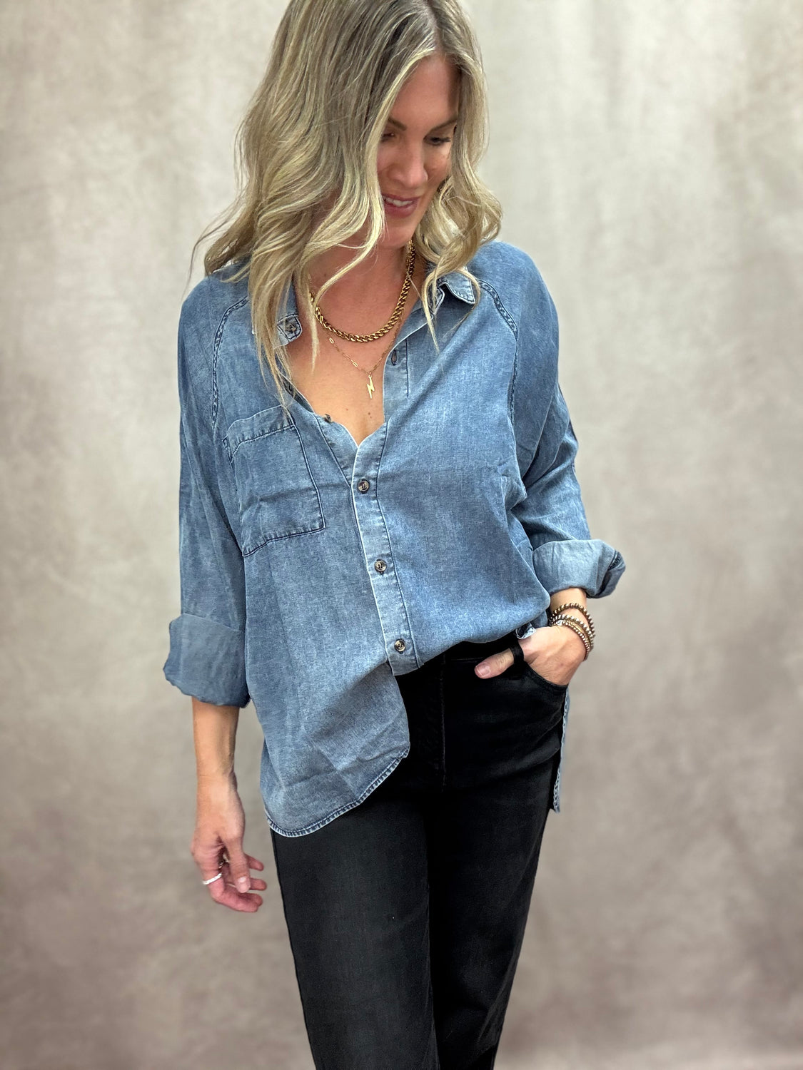 Tencel Medium Denim Button Down Top