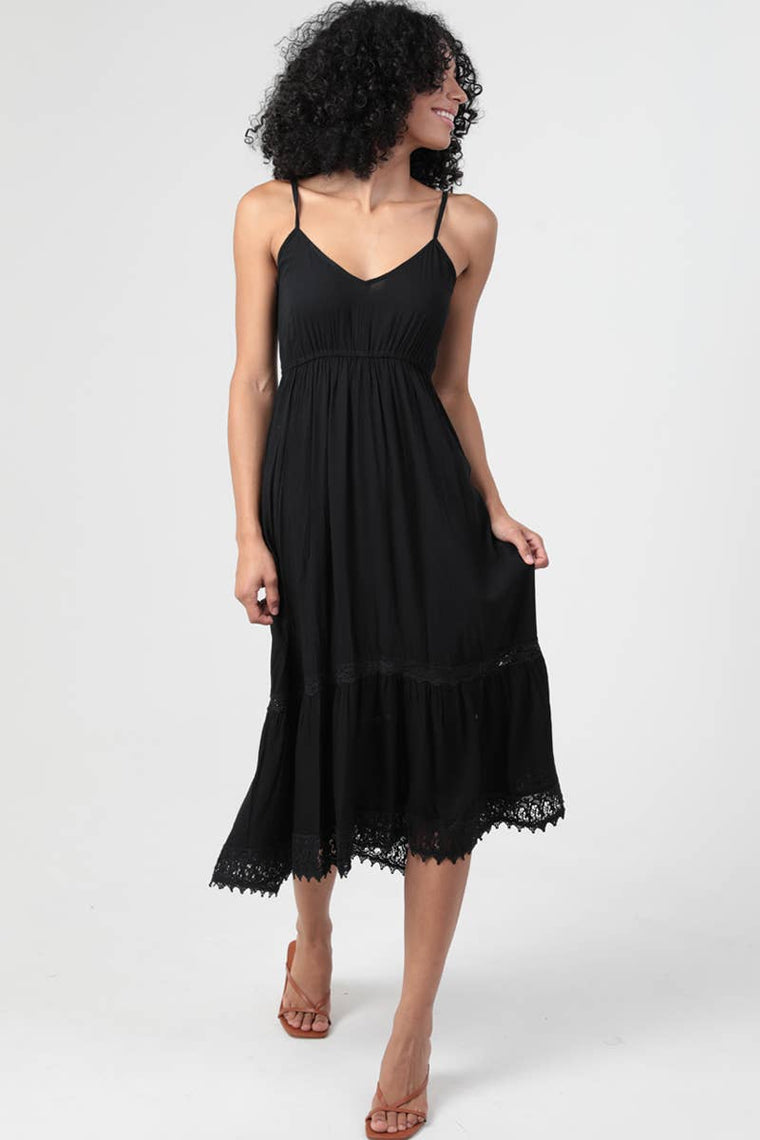 Lace Trimmed Black Midi Dress
