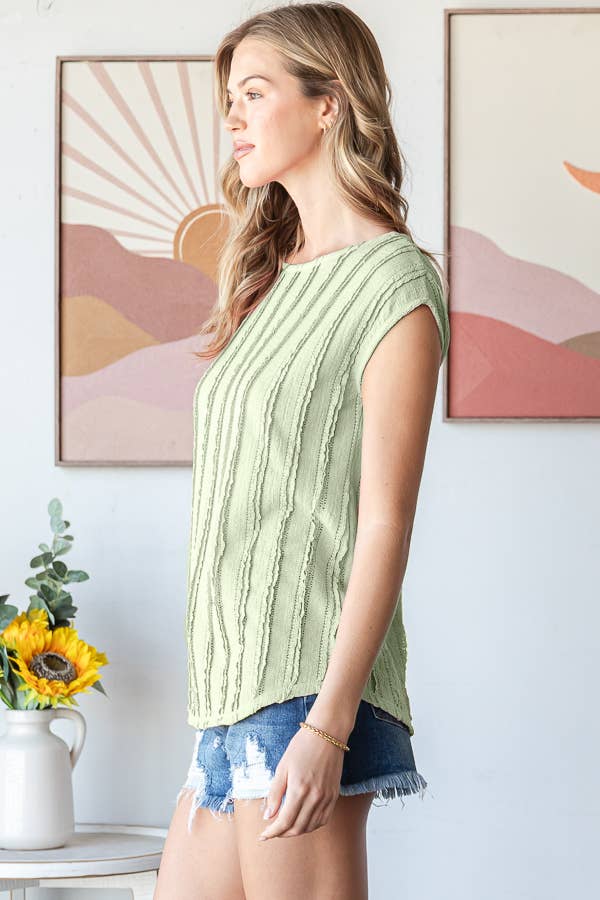 Textured Sage Stripe Cap Sleeve Tee