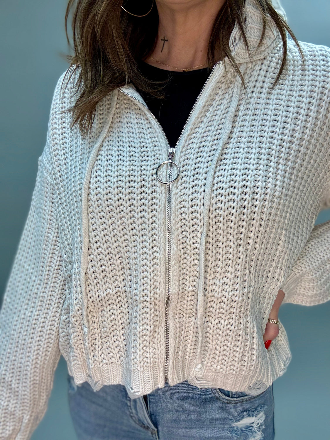Tabby Knit Distressed Zip Up Sweater