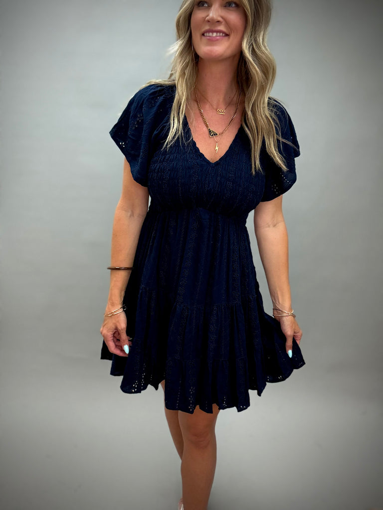 Dahlia Navy Flutter Sleeve Dress