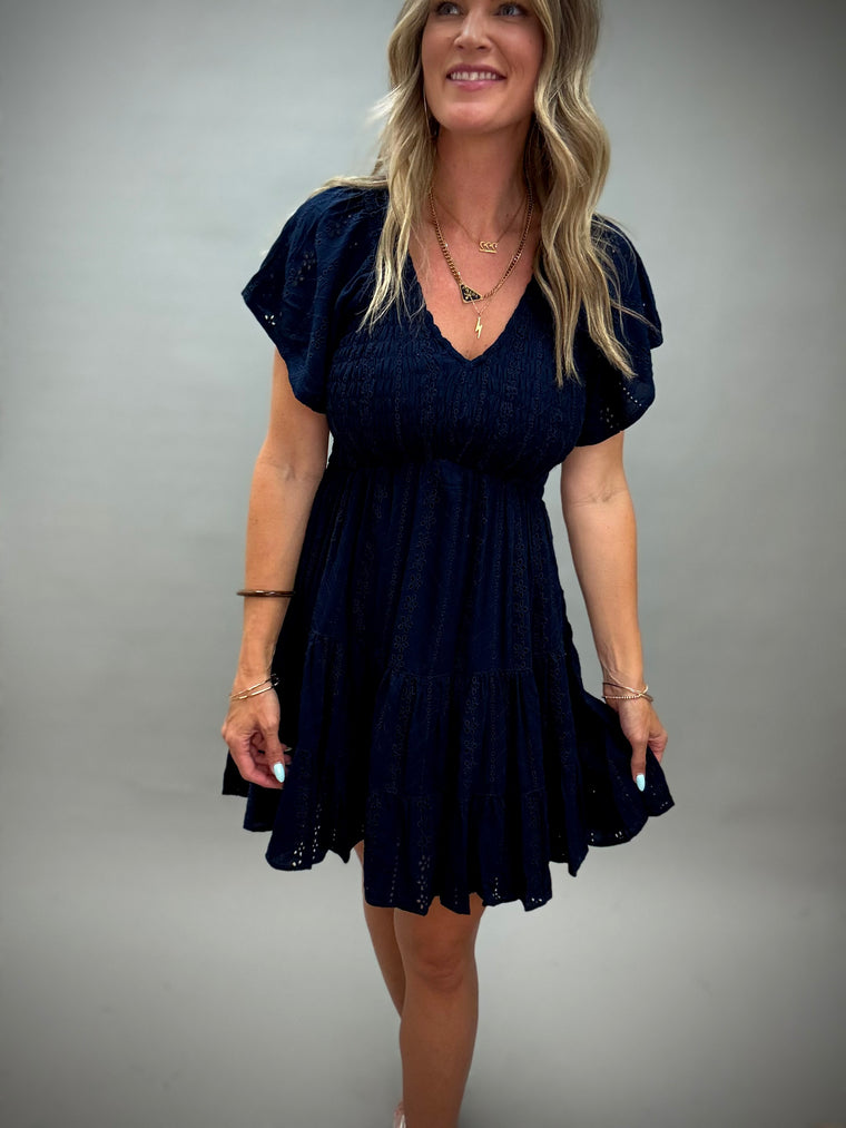 Dahlia Navy Flutter Sleeve Dress