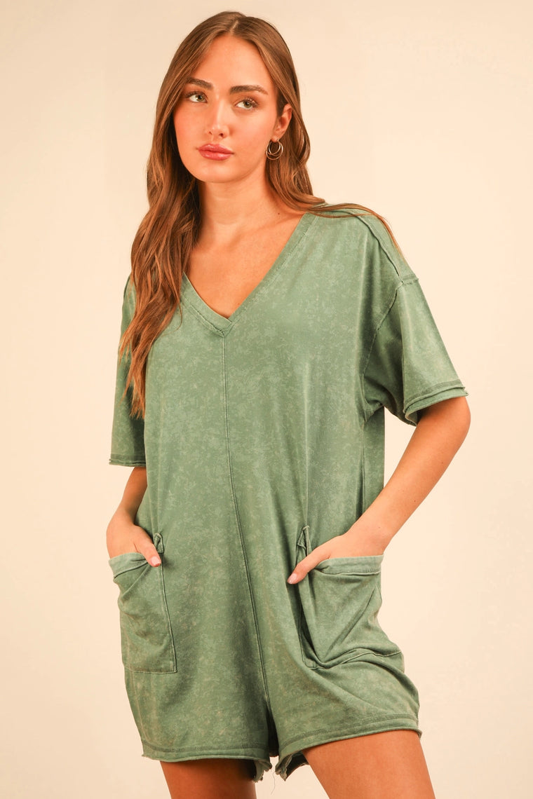 Olive Mineral Washed T-Shirt Romper