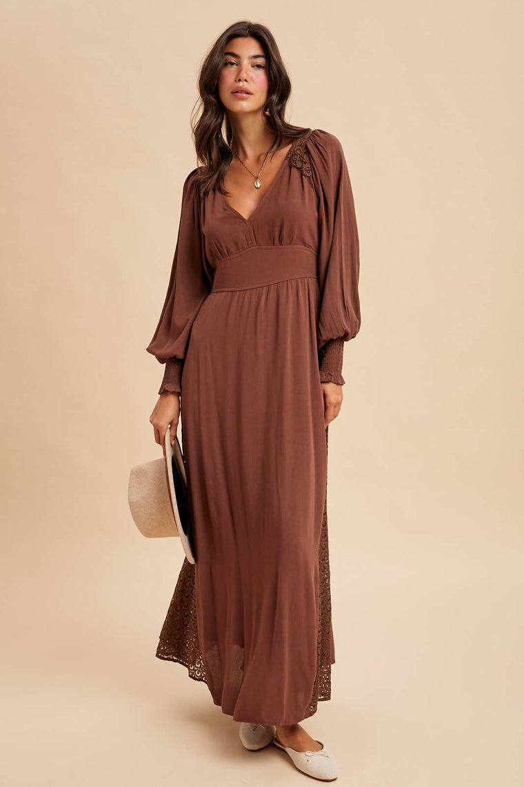 LACE PANEL V NECK MAXI DRESS
