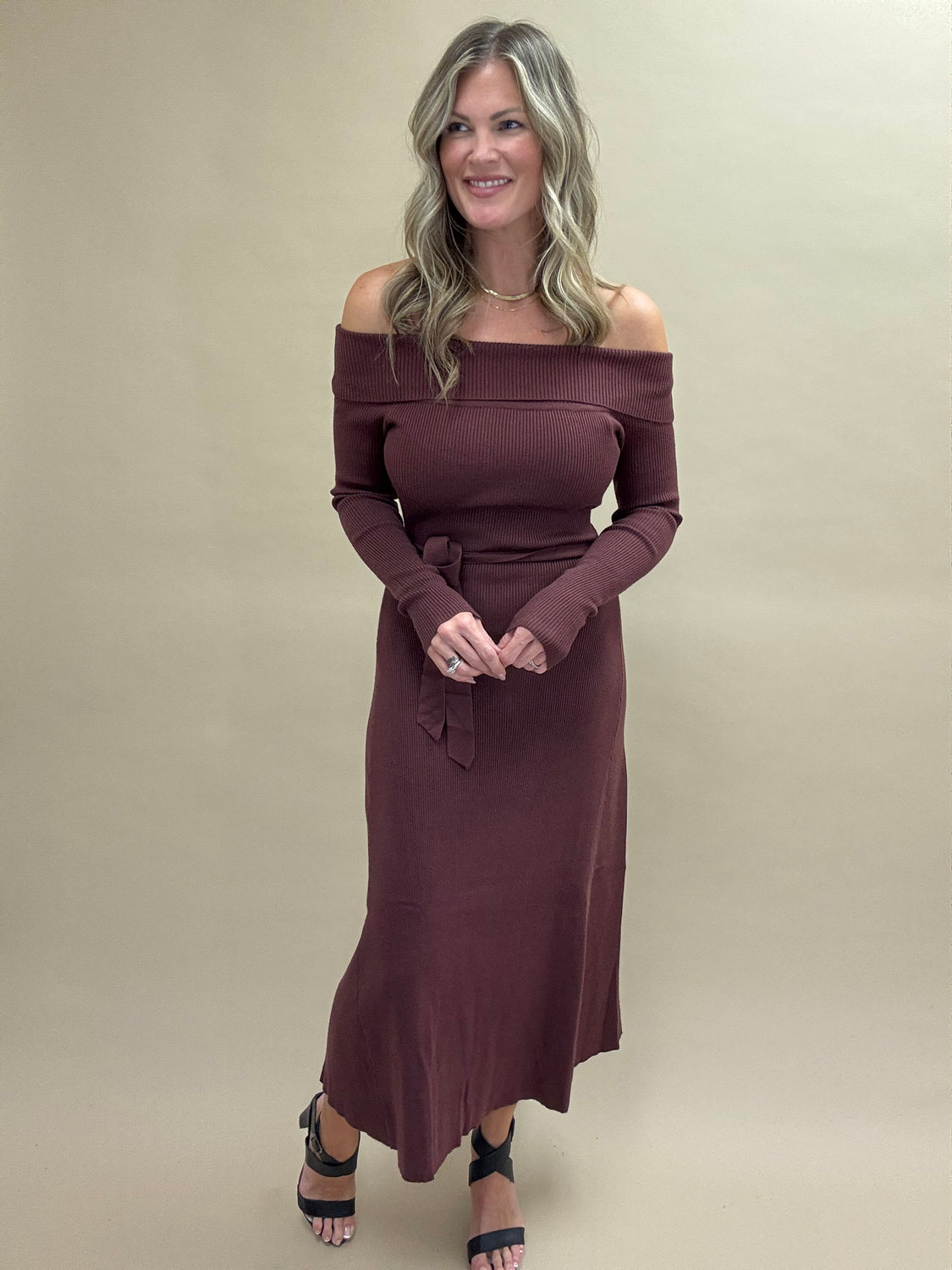 Off The Shoulder Baked Raisin  Sweater Dress